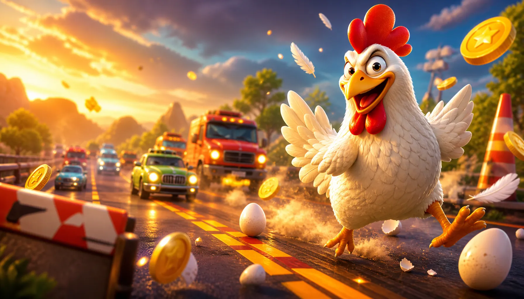 High-resolution HERO banner for Chicken Road game featuring a confident 3D chicken crossing a busy road with eggs, coins, and